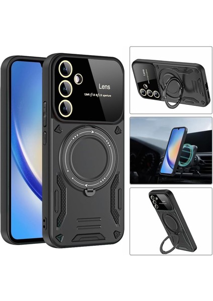 Samsung Galaxy A25 Uyumlu Magsafe Standlı Kamera Lens Koruma, Darbeye Dayanıklı Manyetik Kılıf