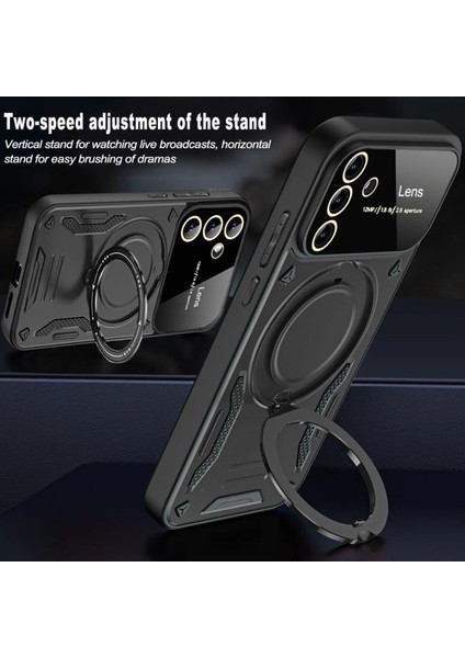 Samsung Galaxy A25 Uyumlu Magsafe Standlı Kamera Lens Koruma, Darbeye Dayanıklı Manyetik Kılıf