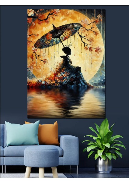 Şemsiyeli Kadın ve Ay Dekoratif Kanvas - Mdf Ahşap Tablo