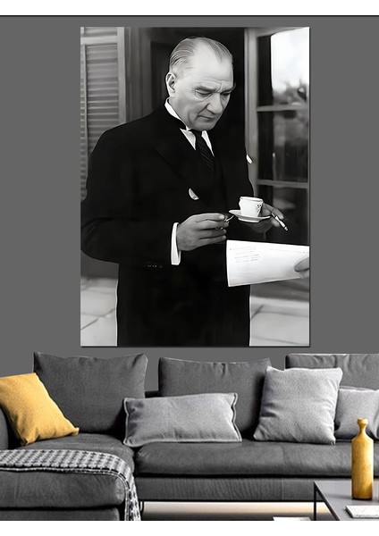 Mustafa Kemal Atatürk Kahve Içerken Dekoratif Kanvas - Mdf Ahşap Tablo