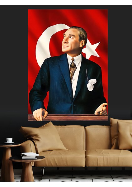 Atatürk ve Türk Bayrağı Dekoratif Kanvas - Mdf Ahşap Tablo