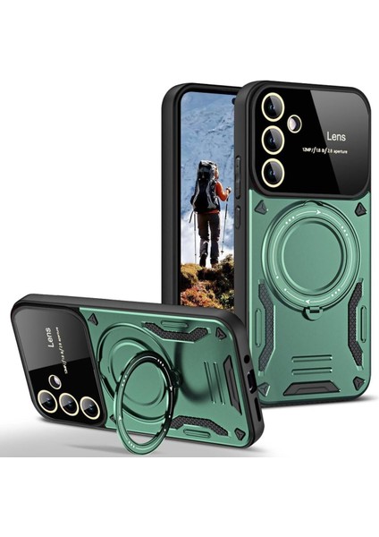 Samsung Galaxy A14 Uyumlu Magsafe Standlı Kamera Lens Koruma, Darbeye Dayanıklı Manyetik Kılıf