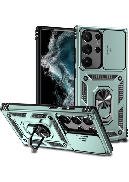Samsung Galaxy S23 Ultra Sürgülü Kamera Koruyucu Metal Halka Ayaklı Stand Çizilmez Kılıf Case