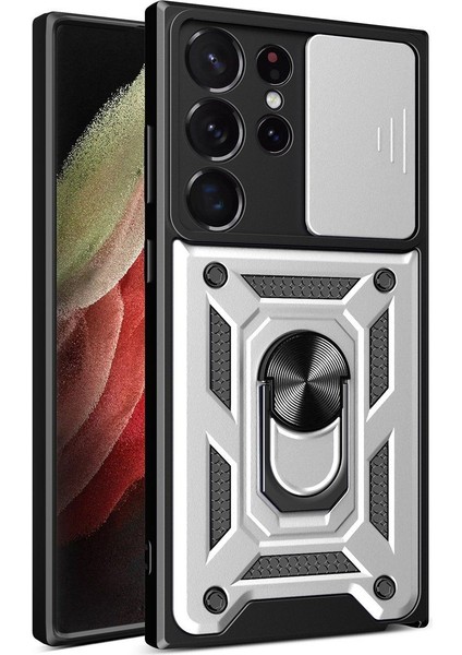 Samsung Galaxy S23 Ultra Sürgülü Kamera Koruyucu Metal Halka Ayaklı Stand Çizilmez Kılıf Case