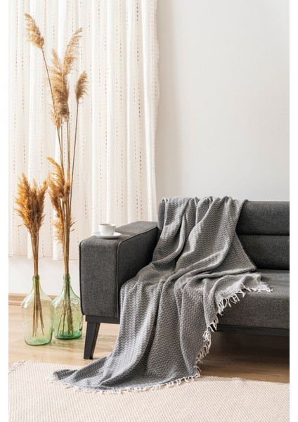 Crystallinen Pamuklu Lüks Koltuk Örtüsü Koyu Gri Renk Çavuş Desen 175X225 | Çok Amaçlı Örtü