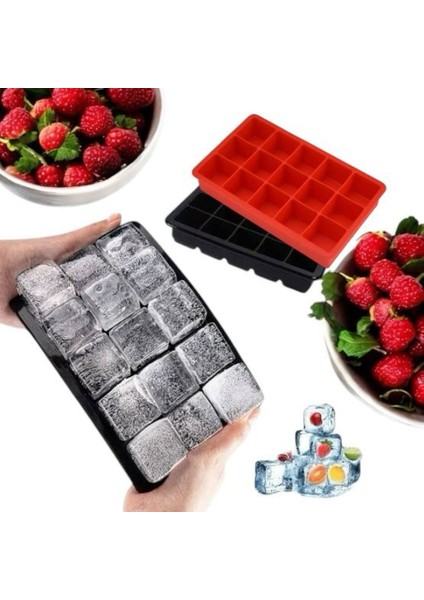 HOLLYHOME 2 Adet Silikon Küp Buz Kalıbı Gri/Kırmızı Buzluk 19X22CM (15 Bölmeli 3X3X3CM)