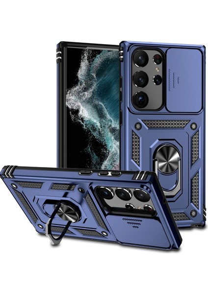 Samsung Galaxy S23 Ultra Sürgülü Kamera Koruyucu Metal Halka Ayaklı Stand Çizilmez Kılıf Case