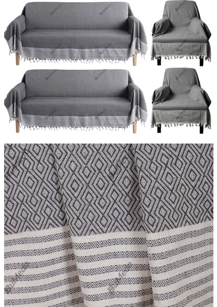 Buldan Işi Kolları Örten Tekli ve Üçlü Pamuk Dokuma Çekyat Koltuk Örtüsü Takımı 3-3-1-1 Antrasit