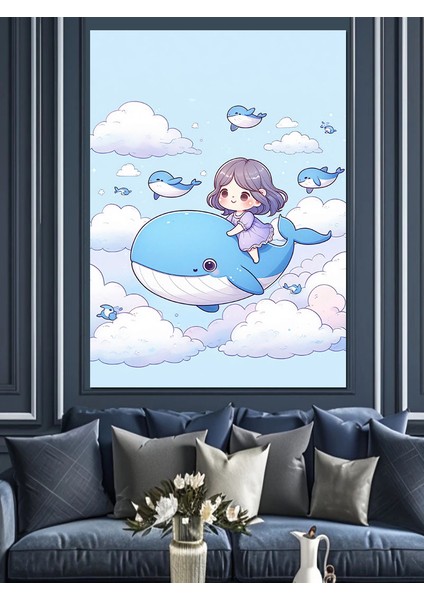 Bulutların Üstündeki Balinalar ve Çocuk Dekoratif Kanvas - Mdf Ahşap Tablo