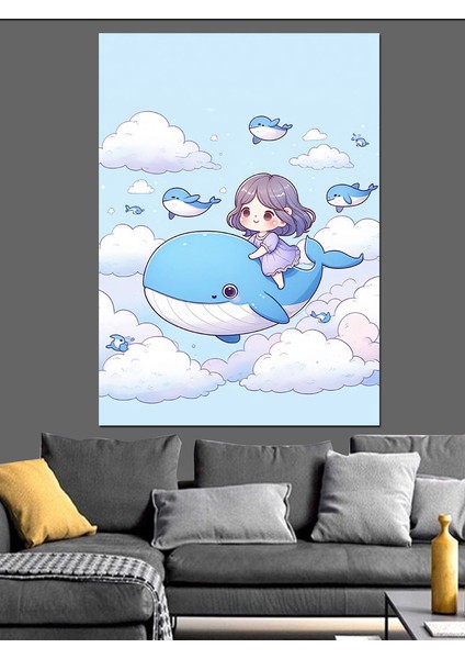 Bulutların Üstündeki Balinalar ve Çocuk Dekoratif Kanvas - Mdf Ahşap Tablo fiyatları