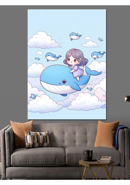 Bulutların Üstündeki Balinalar ve Çocuk Dekoratif Kanvas - Mdf Ahşap Tablo modelleri