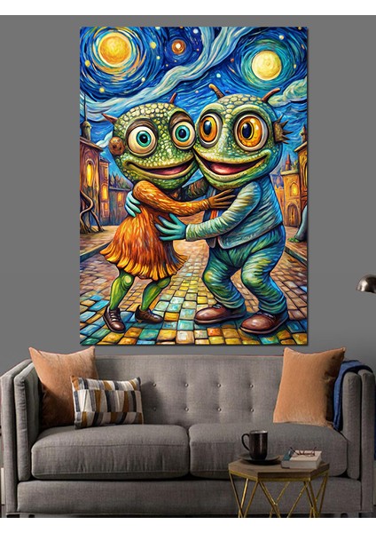 Van Gogh Stili Sarılan Kurbağalar Dekoratif Kanvas - Mdf Ahşap Tablo
