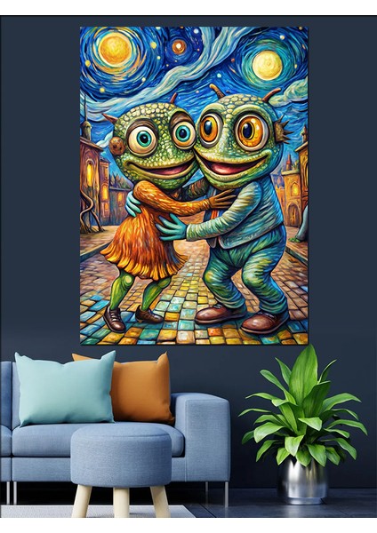 Van Gogh Stili Sarılan Kurbağalar Dekoratif Kanvas - Mdf Ahşap Tablo fiyatları