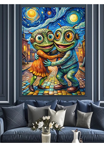 Van Gogh Stili Sarılan Kurbağalar Dekoratif Kanvas - Mdf Ahşap Tablo fırsatları