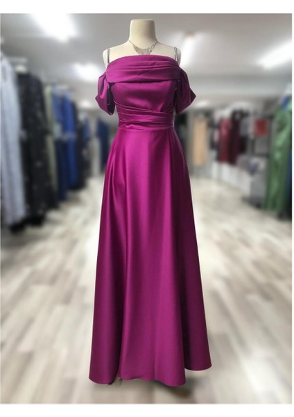 Şalkaya Beli Drape Ip Askılı Yırtmaçlı Uzun Saten Abiye Özel Gün Elbisesi