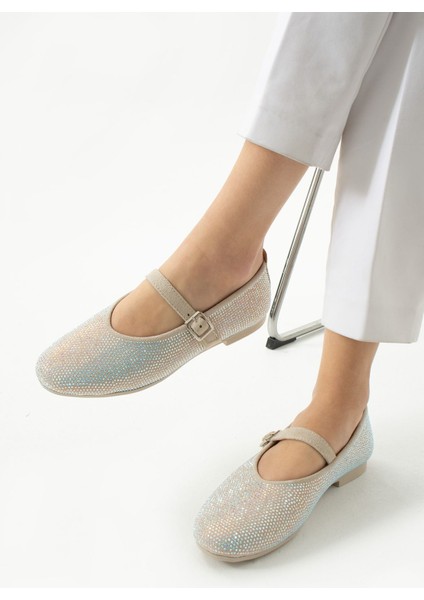 Parıltı Yuvarlak Burun Düz Taban Bant Detaylı Taşlı Günlük Kullanım Babet - Kahverengi