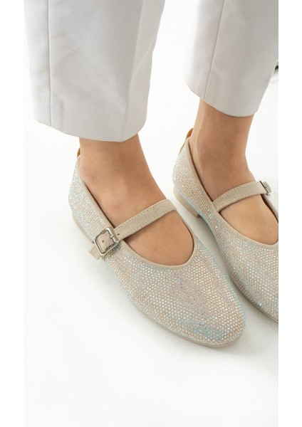 Parıltı Yuvarlak Burun Düz Taban Bant Detaylı Taşlı Günlük Kullanım Babet - Kahverengi fiyatları