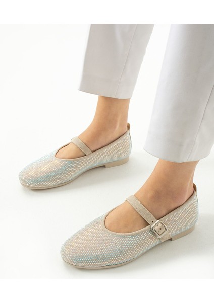 Parıltı Yuvarlak Burun Düz Taban Bant Detaylı Taşlı Günlük Kullanım Babet - Kahverengi modelleri