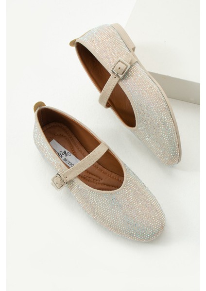 Parıltı Yuvarlak Burun Düz Taban Bant Detaylı Taşlı Günlük Kullanım Babet - Kahverengi fırsatları