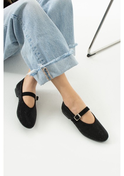 Parıltı Yuvarlak Burun Düz Taban Bant Detaylı Taşlı Günlük Kullanım Babet - Kahverengi