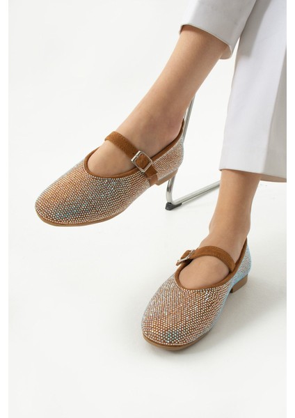 Parıltı Yuvarlak Burun Düz Taban Bant Detaylı Taşlı Günlük Kullanım Babet - Kahverengi fiyatları