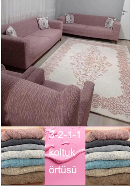 Gerbera Jakarlı Ağaç Kabuğu Koltuk Örtüsü Takımı 3+2+1+1 Pudra Renk