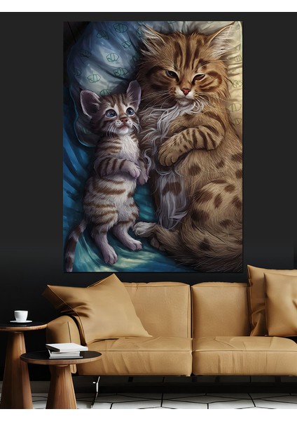 Yavru Kedi ve Annesi Dekoratif Kanvas - Mdf Ahşap Tablo