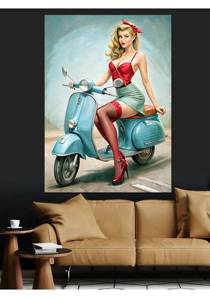 Vespa Motosikletli Kız Dekoratif Kanvas - Mdf Ahşap Tablo fiyatları