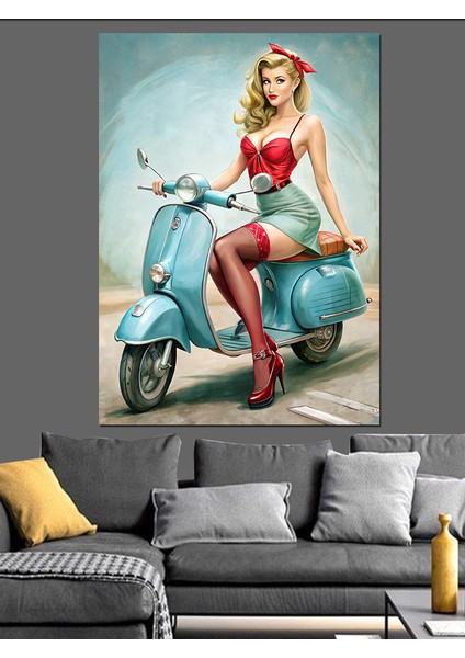 Vespa Motosikletli Kız Dekoratif Kanvas - Mdf Ahşap Tablo fırsatları