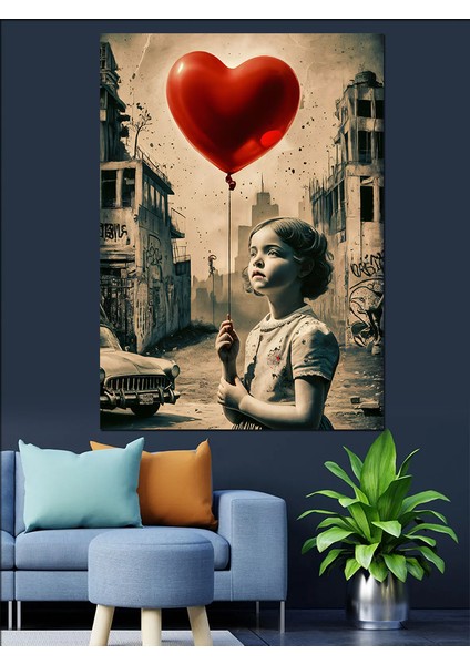 Kırmızı Kalp Şeklinde Uçan Balon Dekoratif Kanvas - Mdf Ahşap Tablo