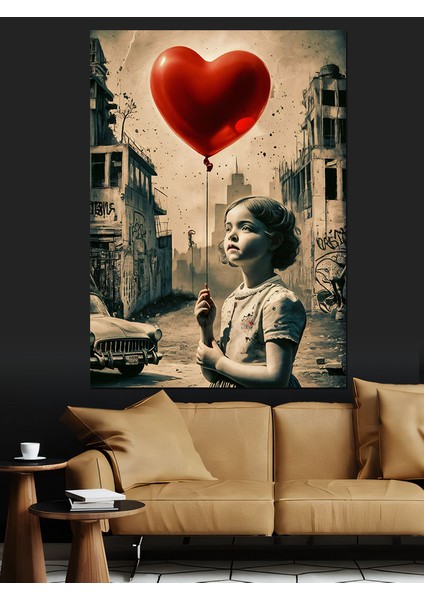 Kırmızı Kalp Şeklinde Uçan Balon Dekoratif Kanvas - Mdf Ahşap Tablo fiyatları