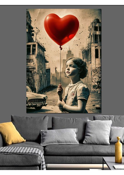 Kırmızı Kalp Şeklinde Uçan Balon Dekoratif Kanvas - Mdf Ahşap Tablo fırsatları