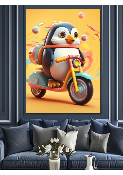Motosiklet Kullanan Penguen Dekoratif Kanvas - Mdf Ahşap Tablo