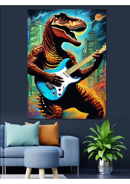 Gitar Çalan Dinazor Dekoratif Kanvas - Mdf Ahşap Tablo