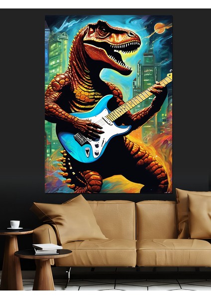 Gitar Çalan Dinazor Dekoratif Kanvas - Mdf Ahşap Tablo fiyatları