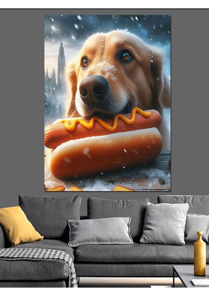 Hotdog Yiyen Köpek Dekoratif Kanvas - Mdf Ahşap Tablo