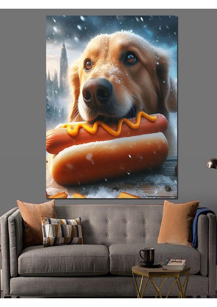 Hotdog Yiyen Köpek Dekoratif Kanvas - Mdf Ahşap Tablo