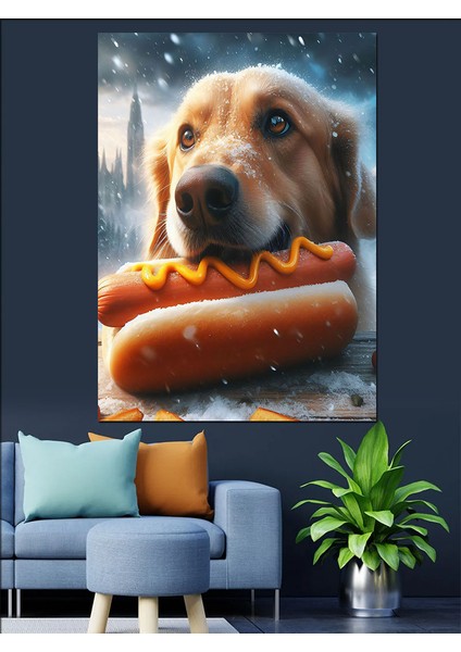 Hotdog Yiyen Köpek Dekoratif Kanvas - Mdf Ahşap Tablo