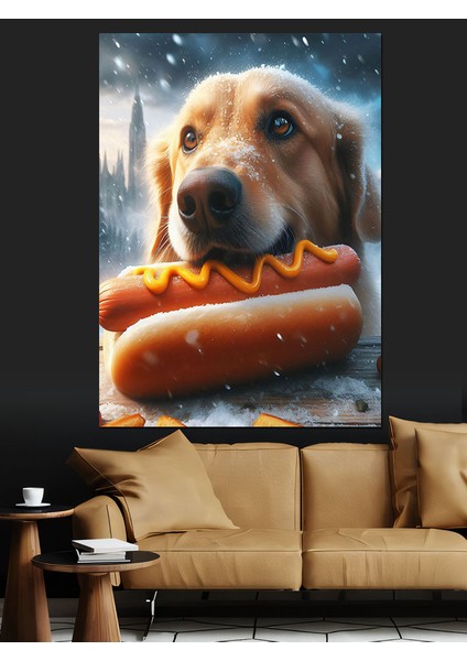 Hotdog Yiyen Köpek Dekoratif Kanvas - Mdf Ahşap Tablo
