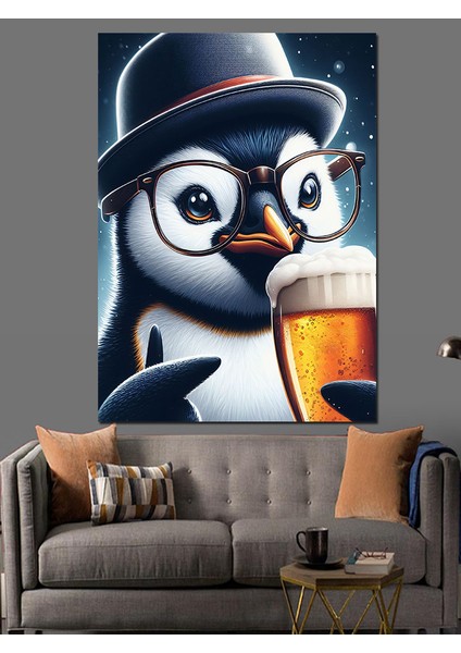Bira Içen Gözlüklü Penguen Dekoratif Kanvas - Mdf Ahşap Tablo