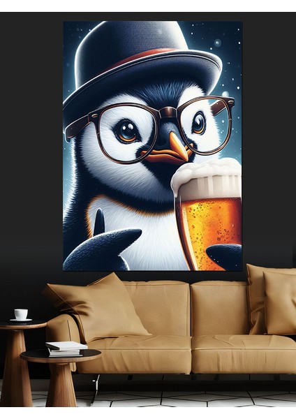 Bira Içen Gözlüklü Penguen Dekoratif Kanvas - Mdf Ahşap Tablo