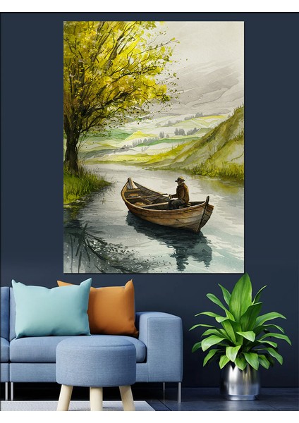 Nehirde Sandalla Balık Avı Dekoratif Kanvas - Mdf Ahşap Tablo