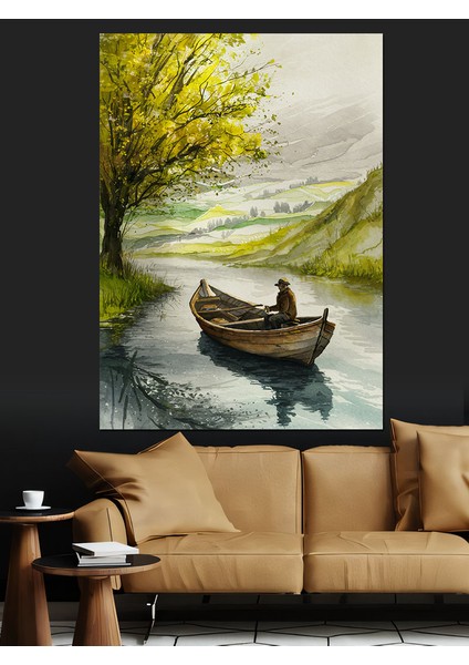 Nehirde Sandalla Balık Avı Dekoratif Kanvas - Mdf Ahşap Tablo fiyatları