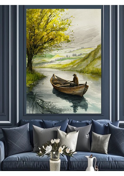 Nehirde Sandalla Balık Avı Dekoratif Kanvas - Mdf Ahşap Tablo modelleri