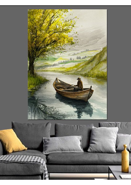 Nehirde Sandalla Balık Avı Dekoratif Kanvas - Mdf Ahşap Tablo fırsatları