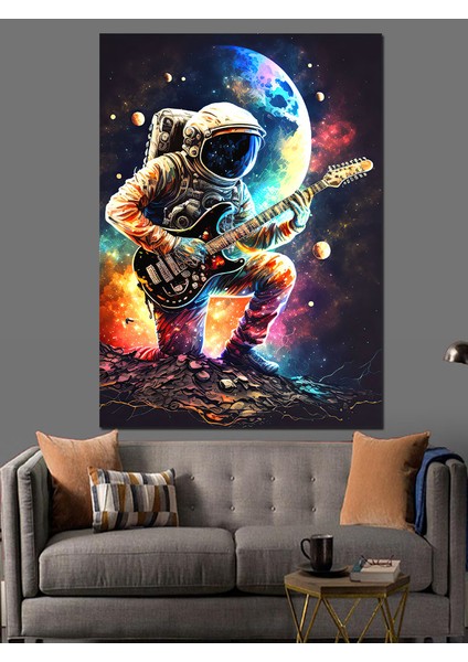 Uzayda Gitar Çalan Astronot Dekoratif Kanvas - Mdf Ahşap Tablo