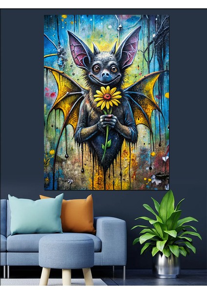 Çiçek Uzatan Yarasa Dekoratif Kanvas - Mdf Ahşap Tablo