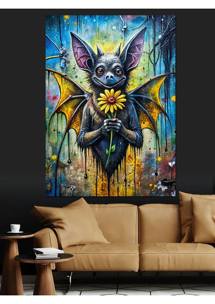 Çiçek Uzatan Yarasa Dekoratif Kanvas - Mdf Ahşap Tablo fiyatları