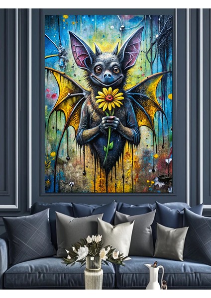 Çiçek Uzatan Yarasa Dekoratif Kanvas - Mdf Ahşap Tablo modelleri