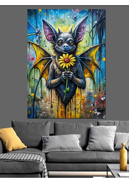 Çiçek Uzatan Yarasa Dekoratif Kanvas - Mdf Ahşap Tablo fırsatları